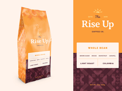 Rise Up Coffee, Dirbbble Weekly Warm-Up badge bean branding coffee dribbbleweeklywarmup graphic design logo package design packaging pattern sun typography