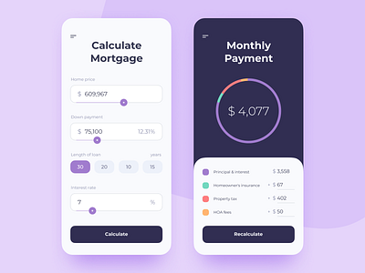 Mortgage Calculator 004 app calculator chart dailyui design mobile mortgage piechart ui ux