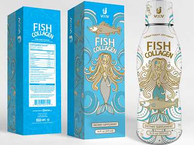 Jvoov® Fish Collagen Bottle & Box Design bottle box essential mermaid ocean oils packaging sea shells squid starfish