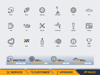 Racing Icons Set automobile car game gaming icon design icons set illustration line outline racing ui ux vector