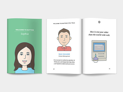 The Button Welcome Book book button employees first day illustration onboarding spread startup team welcome