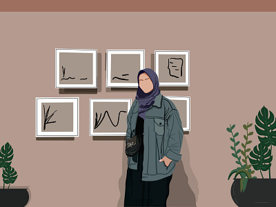 Girl with Aesthetic Flat Illustration aesthetic artwork brown design digital illustration fashion illustration flat illustration flatdesign girl green hijab illustration landscape leaf retro vector vector illustration