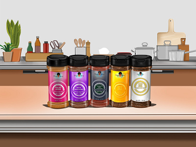 Digital Illustration with Five Spice Bottles art artwork branding comic digital art digital illustration illustration kitchen packaging packaging illustration seasoning seasoning bottle spice spice bottle things