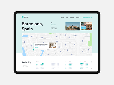 Locations and Availability availability calendar gallery images landing page layout locations map photos pins prices travel ui design ux design web