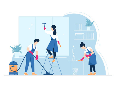Cleaning service adobe illustrator app appartment branding clean cleaning concept design dust fimale illustration male room service vacuum vector web window