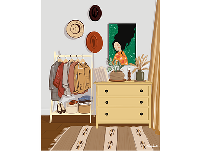 Old chest of drawers flat illustration interior procreate