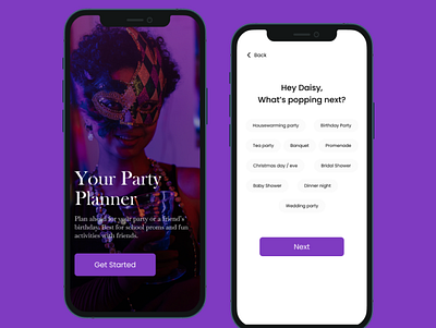Party Planner App animation app branding design mobile prod product design prototype ui ui ux web
