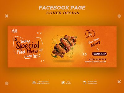 Facebook page food banner design ads banner advertisment chicken creative face book page banner orange photoshop professional smart objects template