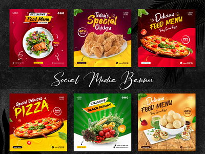 Food Sale Social Media Banner Template Set advertisement advertising banner promotion design fast food illustration promotion restaurant sale banner social banner social media social media banner template set social media pack vector