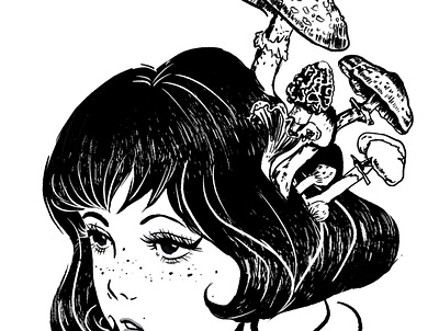 Oddity 1960s black and white digital illustration dry brush hair illustration mod mushroom mushroom girl procreate psychedelic vintage