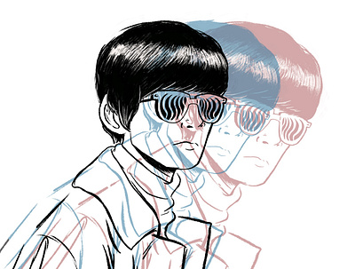 Oddity 3 1960s anaglyph black and white digital illustration dry brush illustration mod procreate psychedelic sunglasses vintage yeah