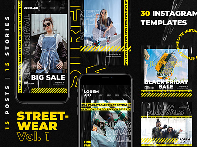 Streetwear Vol. 1 Instagram Pack Templates apparel black and yellow clothing line fashion hype hypebeast instagram feed instagram pack instagram post instagram stories instastory social media pack social media template streetwear trendy