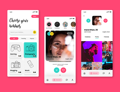 Elysian I Hobby Cultivate App UI app app design chatting concept daily 100 challenge dating design elysian hobbies hobby hobby cultivation okcupid pink swipe tinder ui ui ux uidesign user interface yellow