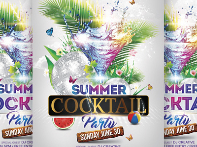 Summer Cocktail Party Flyer club cocktail disco electro happy hour nightclub party poster spring break summer beach party summer holidays summer party