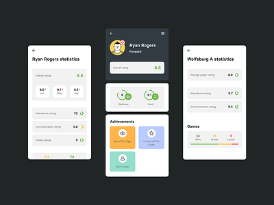 Kafoot App achievements app avatar cards chart dashboard feedback football illustration interface management mobile player profile profile card rating sport statistics ui ux