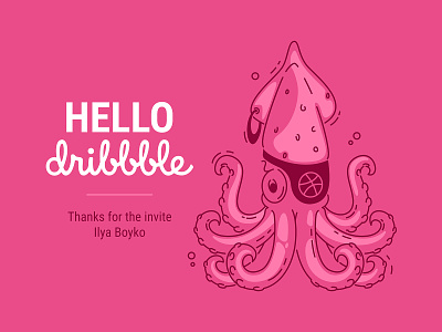 Hello, Dribbble! art bandage filibuster hello illustration line art mollusk octopus one eyed outline pink pirate sea squid tentacles underwater vector world