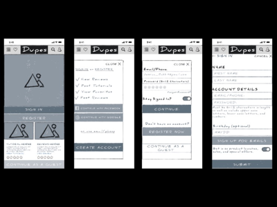 Wireframes for sign up