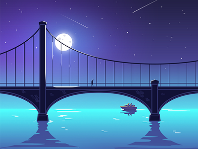 Late night bridge america boy bridge illustration late moon night shinning stars water