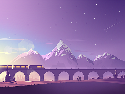 Train Crossing cold crossing early ice morning mountain night old people stars train