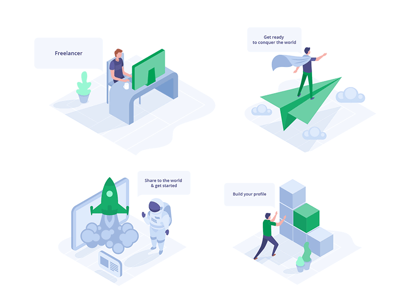 WOTIP art globe green icons illustrations isometric robot share simplistic