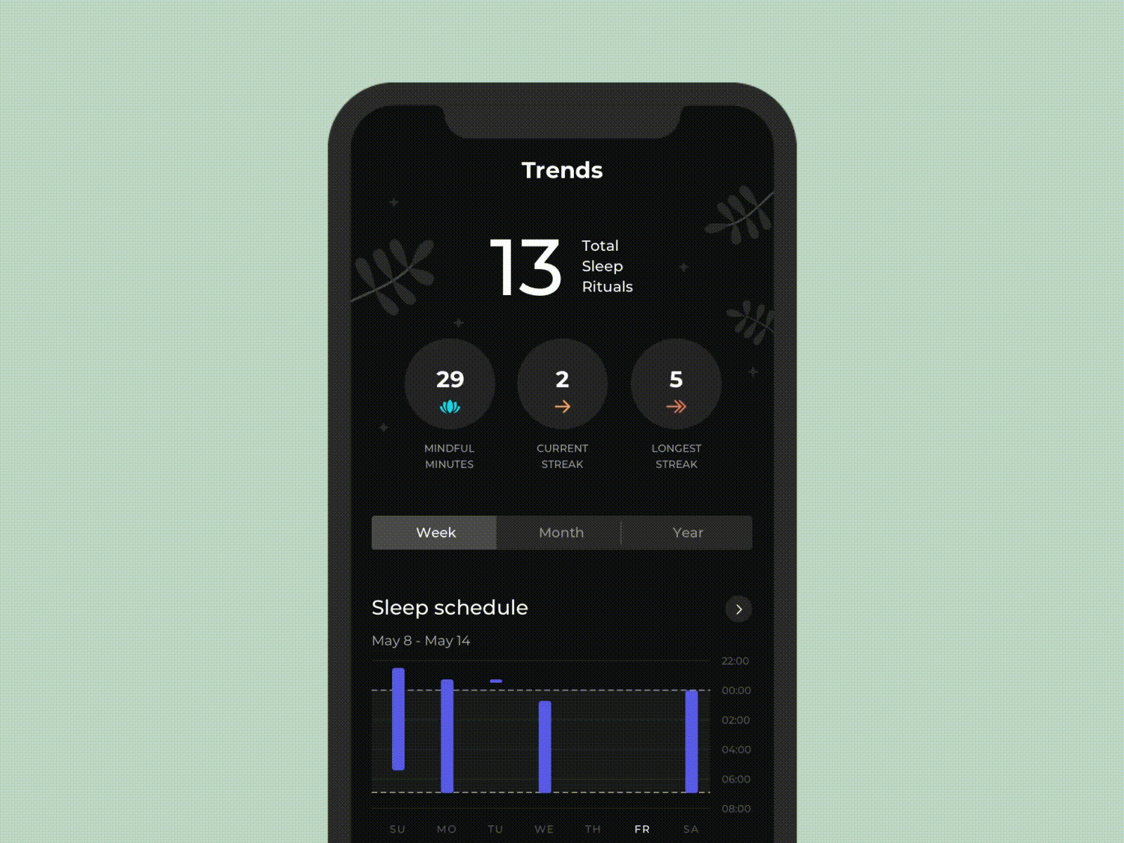 Sleep Booster: Trends Tab Appearance animation app clean design illustration motion typography ui ux