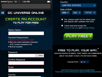 DC Universe Online Mobile reg gaming mobile registration ui web