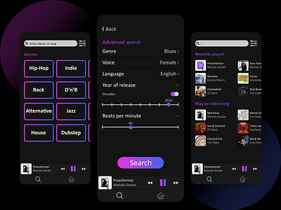 🎵Advanced search app concept dark dark app illustraion mobile music music app music player play search ui ux