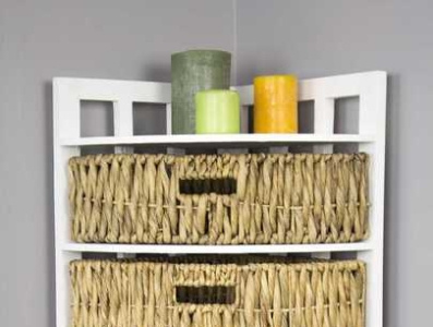 White Wood Corner Storage with 4 Hyacinth Baskets corner storage baskets