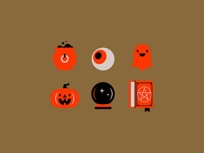 halloween icons cauldron crystal ball eyeball friendly ghost halloween icons illustration pumpkin spell book vector