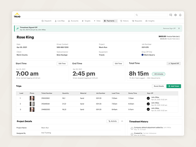 Timesheets in Tread cards construction interface product product design timesheets ui