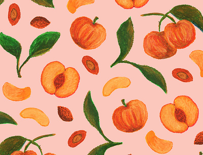 Peach Summer Harvest botanical illustration fruits handmade illustration juicy nature oil pastels painting pattern design pink polkadots repeat pattern summer surface pattern designer textile design texture