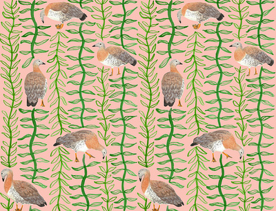 Wild Geese Pattern animals birds botanical illustration ducks feathers geese handmade home decor illustration leaves nature pattern design pink repeat pattern springtime striped summer surface pattern designer textile design wildlife illustration