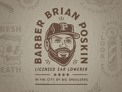 Barber Brian Poskin 1 arc badge barber baseball cap distressed face illustration vintage