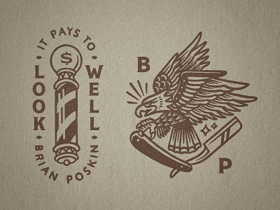 Barber Brian Poskin 2 badge barber distressed eagle flash illustration pole razor straight razor tattoo type vintage