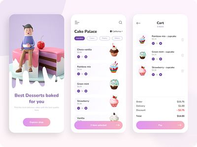 Mobile App - Bakery Shop 🍰 3d app bakery cake delicious design illustration minimalist pastry shop tasty ui uidesign uiux