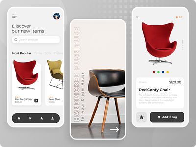 Modern Furniture Mobile App 3d app chair design ecommerce furniture illustration minimalist shop sofa table trending ui uidesign uiux wood