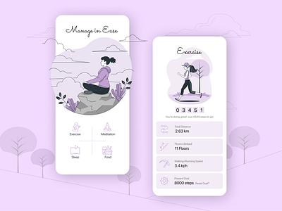 Fitness Tracker Concept app design eat exercise fitness fitness app flat food illustration meditate minimal run sleep ui