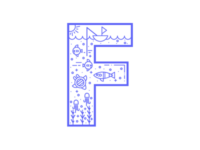 F is for Fishing boat fish icon iconography illustration line ocean travel type water