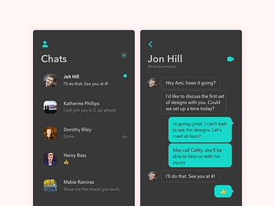 Roster and Chat screen - Dark UI chat app dark theme dark ui ios mobile ui product design ui ux