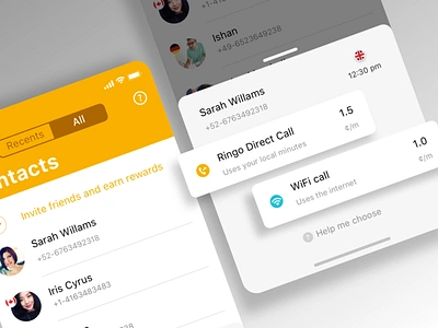 International calling with Ringo avatars calling cards iphone xs modal modality product design ringo roster ux design wifi call