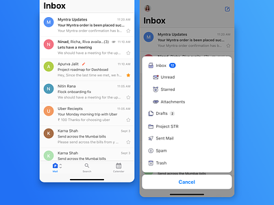 Folders at your fingertips action sheet emails filters folders view inbox interaction design ios iphone xs mail app modal product deisgn sketch sketchapp ux ux ui