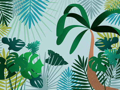 A tropical view digital art grain illustration leaves lush modern illustration palm trees paradise summer textures tropical tropical leaves