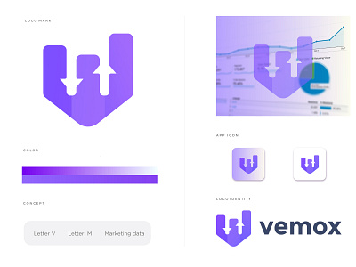 Vemox logo design abstract analysis app arrow best branding clean data gradient grow icon letter m letter mark logo marketing modern software up v mark vemox