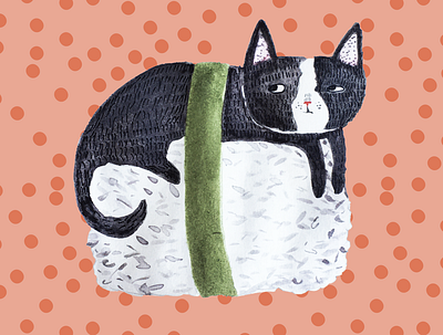 Sushi Cat! black cat cute digital food green hand drawn illustration illustrator kids kitty mixed media orange polka dot rice sushi texture trend watercolor white
