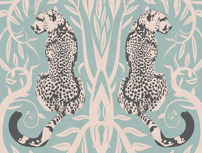 Two Cheetahs is Better Than One animal beige blue cat cheetah contemporary cream floral flower graphic pattern print safari textile print vector vine wildlife