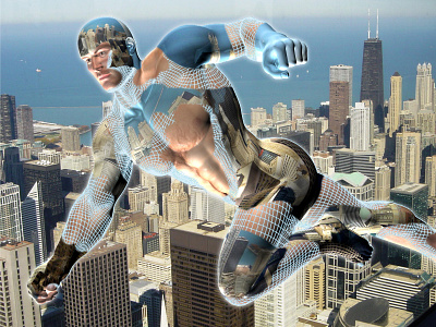 Flying Man over Neon City1 sci fi science fiction