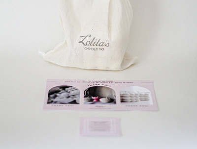 Lolita's Candle Co. Pouch and Thank You Card brand branding canada design handmade icon logo soy wax candle typography vancouver visual identity