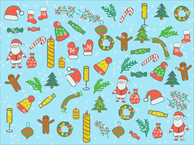 winter illustration, new year, winter, holiday blue background champagne christmas design gifts gingerbread hat icon mittens new year new year illustration new year wreath pattern rowan santa claus snow tree vector winter winter illustrations