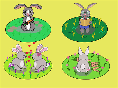 Rabbits on the grass, fabulous rabbits, smart rabbit. bunnies bunnies and flowers carrots cartoon illustration delicious rabbit breakfast design flowers vector graphic design gray rabbit icon illustration for fairy tales rabbit on the grass rabbit with glasses rabbits rabbits kissing smart rabbit vector illustration