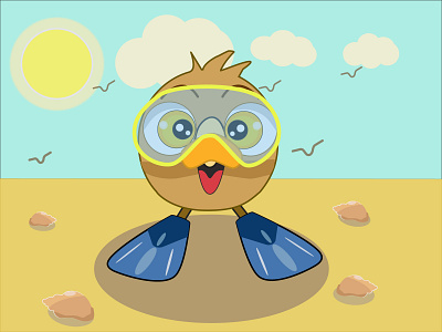 Owlet, summer illustration, character for your b beach blue sky character for your book character owl happy owlet heat owl owlet owlet in flippers owlet in mask sand sea seagulls summer summer illustration sun
